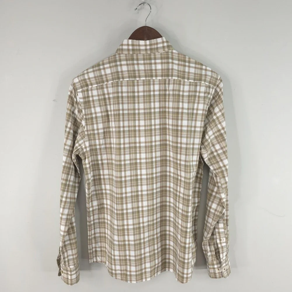 Banana Republic Shirt Mens Small Beige Plaid Slim Fit Untucked Button Up Casual